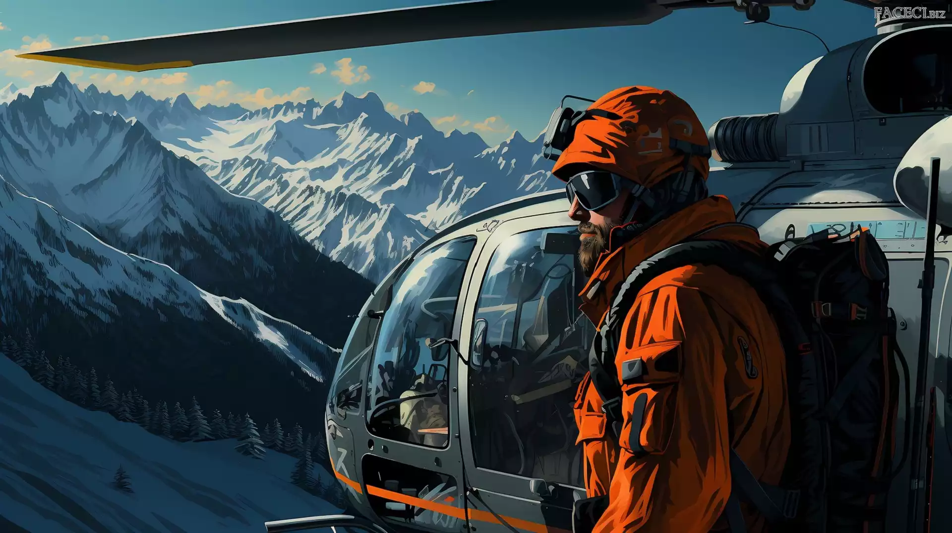 Mężczyzna, Helikopter, 2D, Zima, Góry
