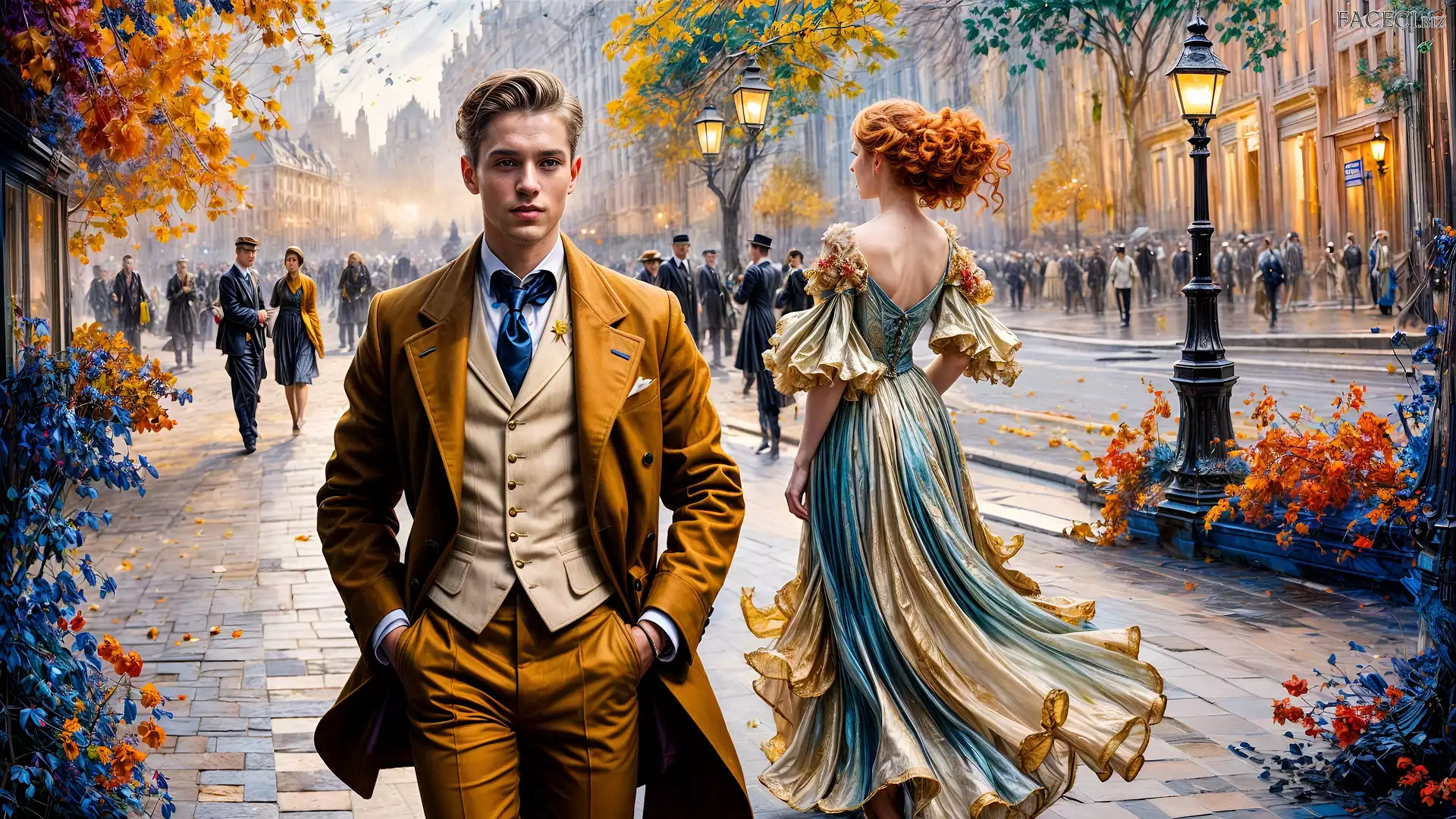 Grafika, Mężczyzna, Rudowłosa, Kobieta, Garnitur, Ulica