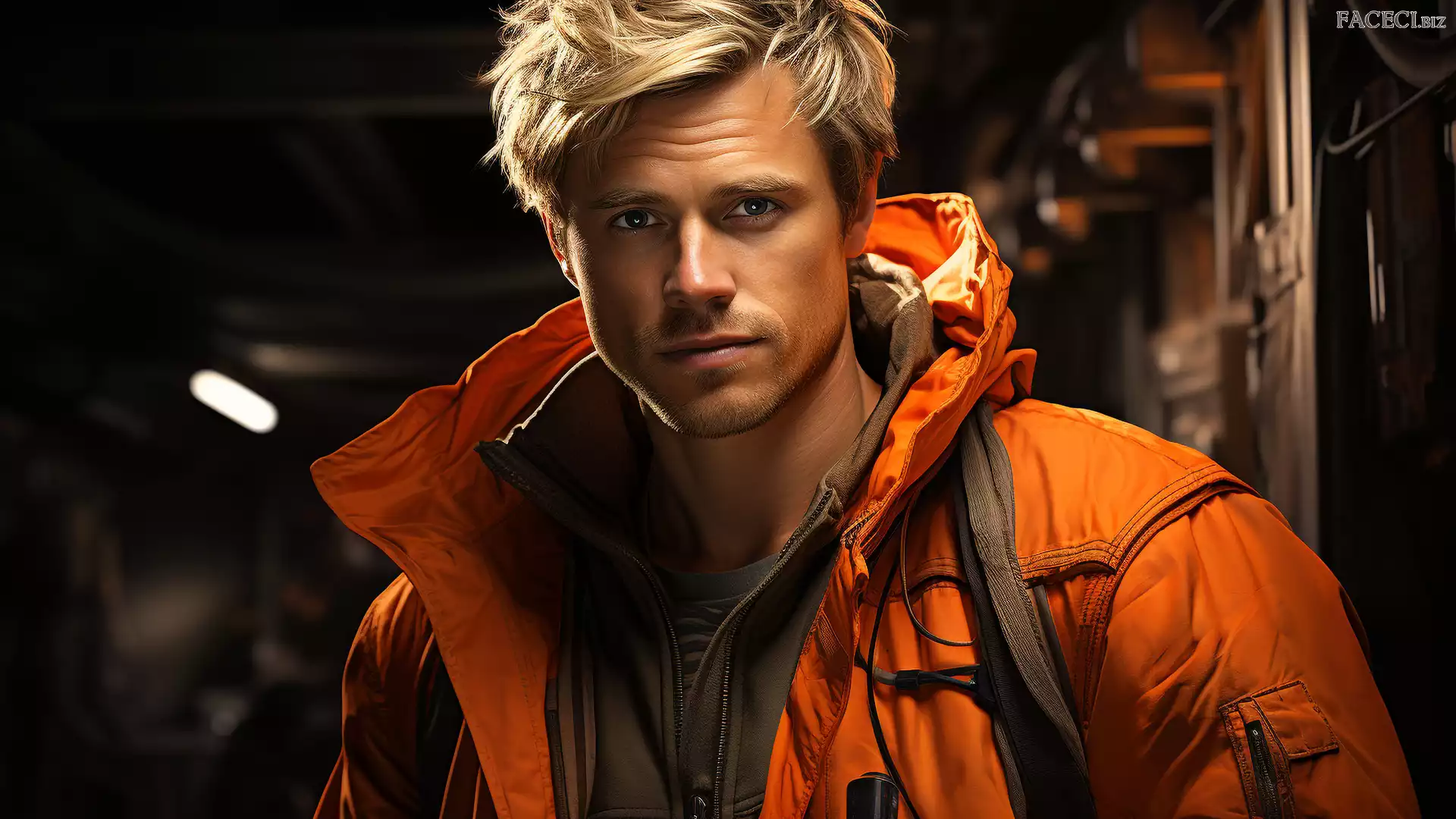 Mężczyzna, Spojrzenie, Pomarańczowa, Kurtka