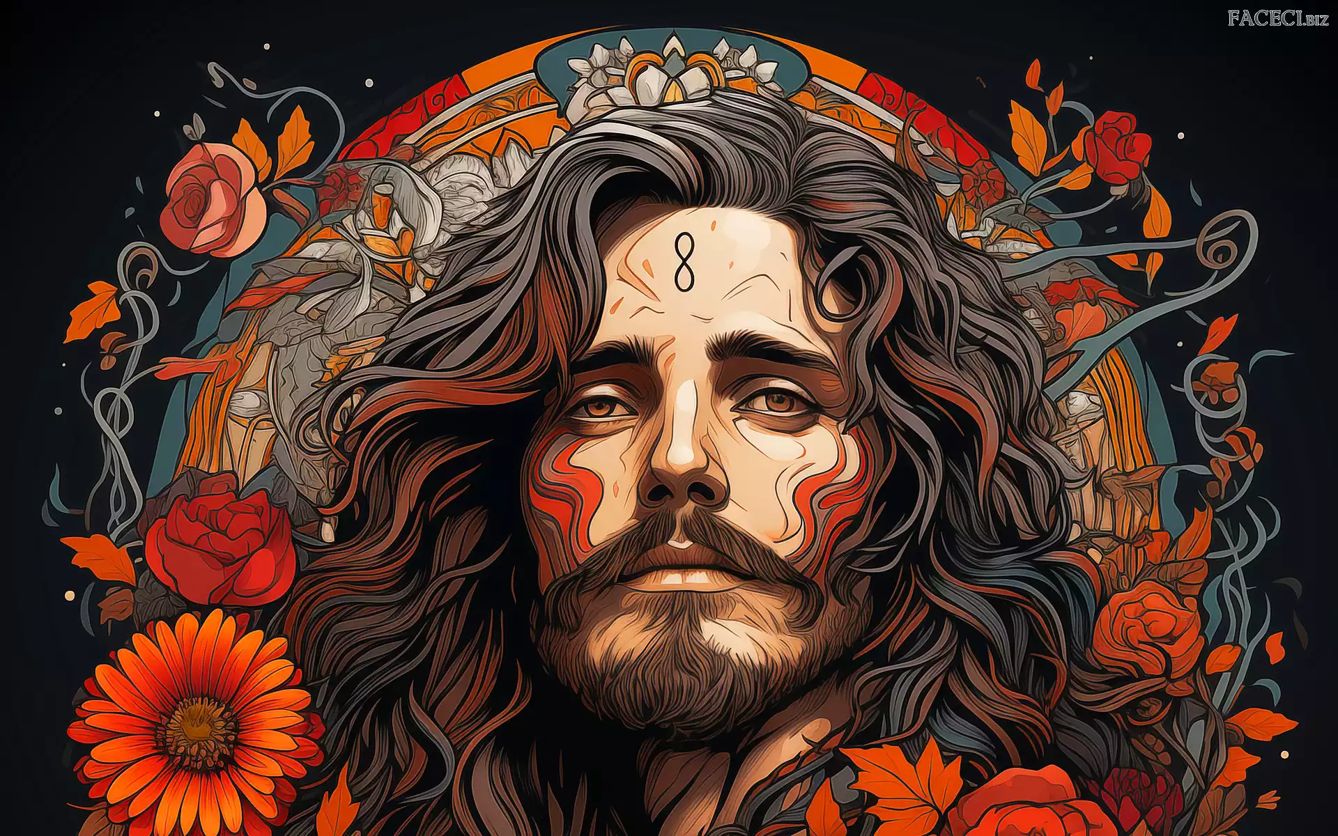 Zarost, Mężczyzna, Kwiaty, Grafika, Długowłosy