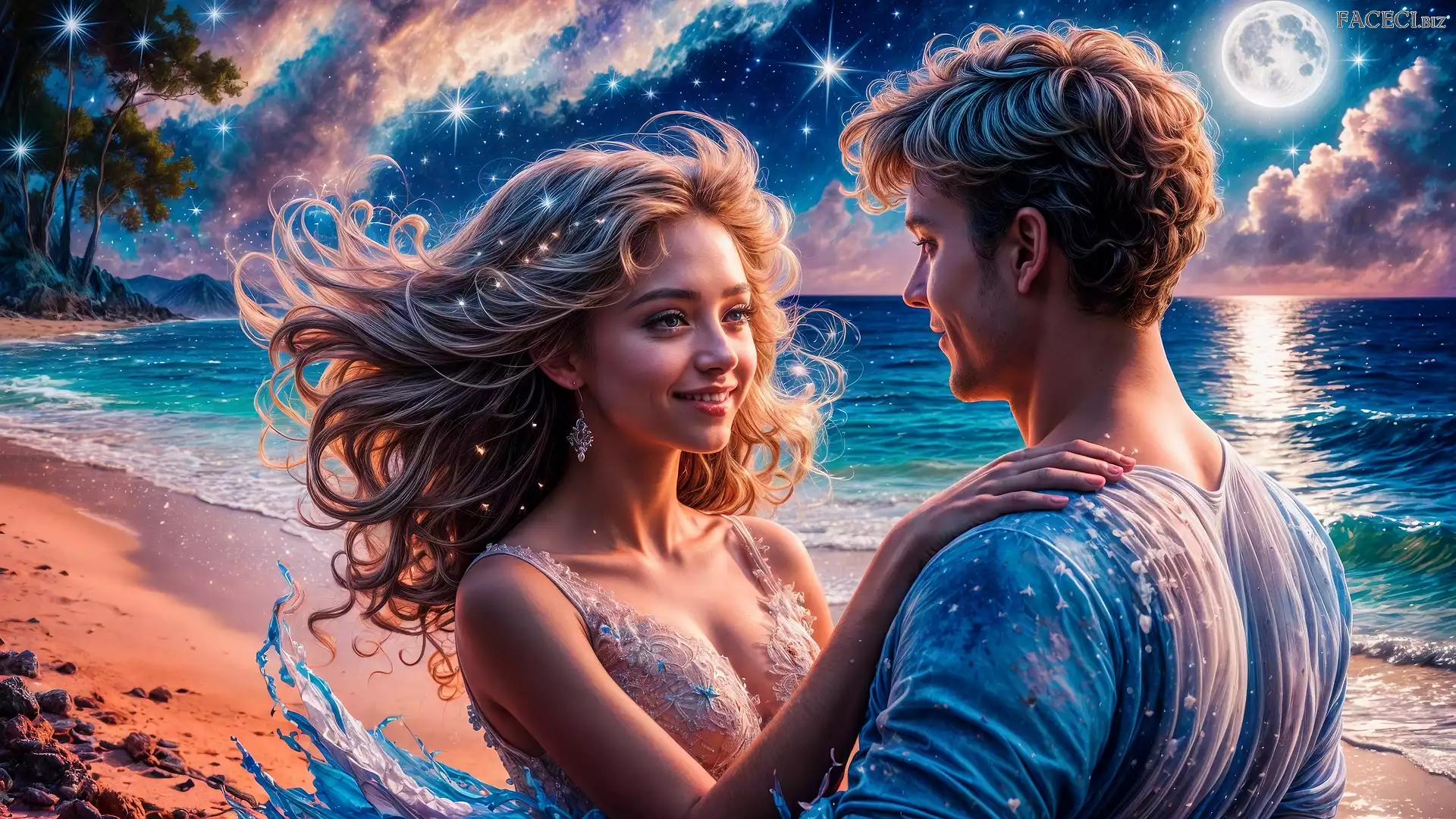 Księżyc, Kobieta, Mężczyzna, Morze, Grafika, Zakochani, Noc