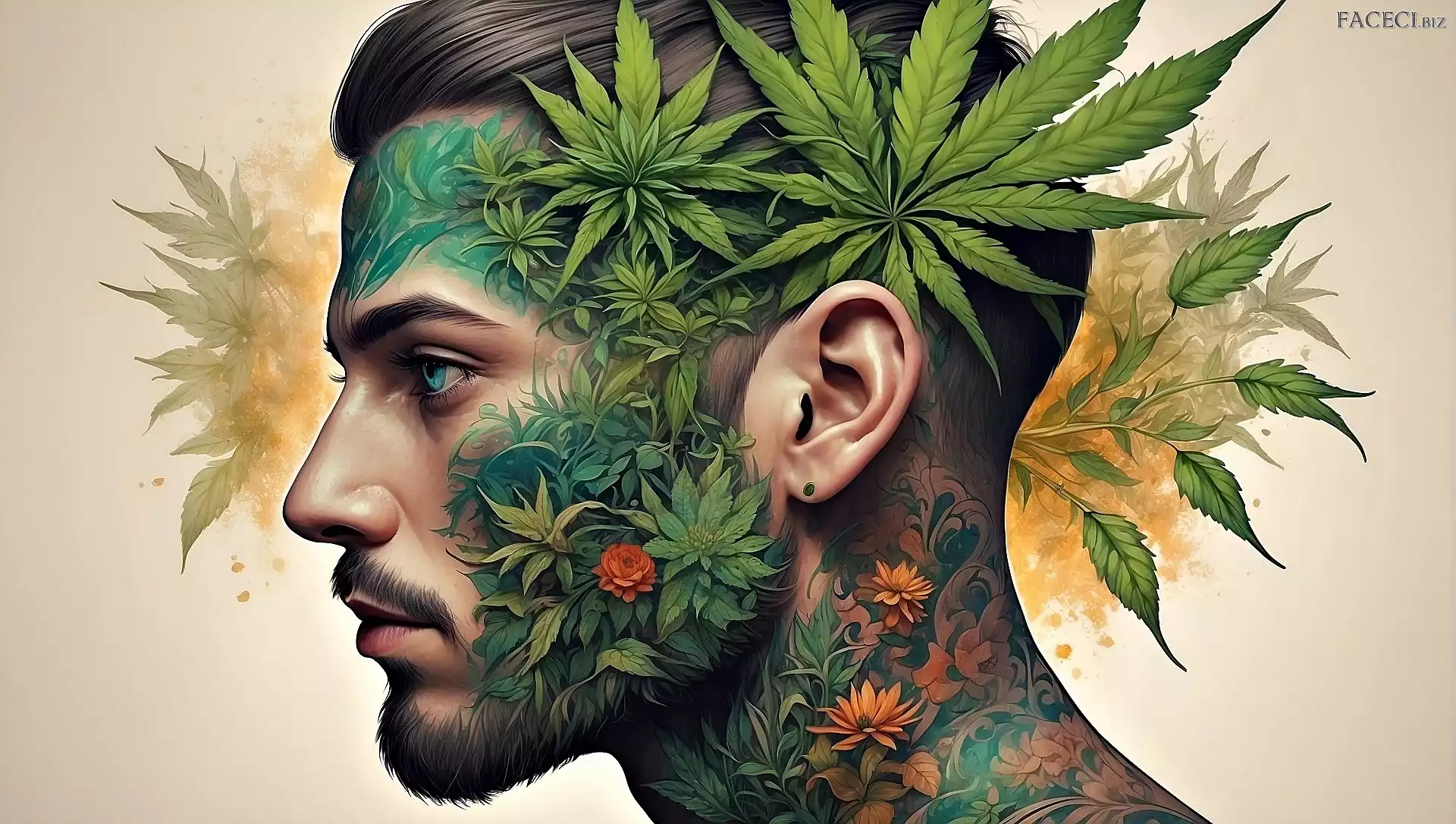 2D, Tatuaże, Mężczyzna, Profil, Listki, Kwiaty